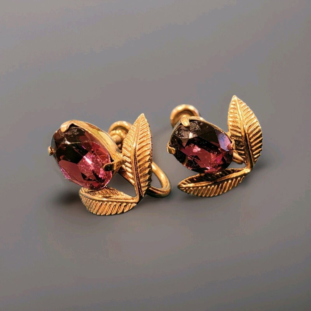 VNTG Van Dell 1/20 12K GF Gold Filled Purple Rhinestone Leaf Screw Back Earrings